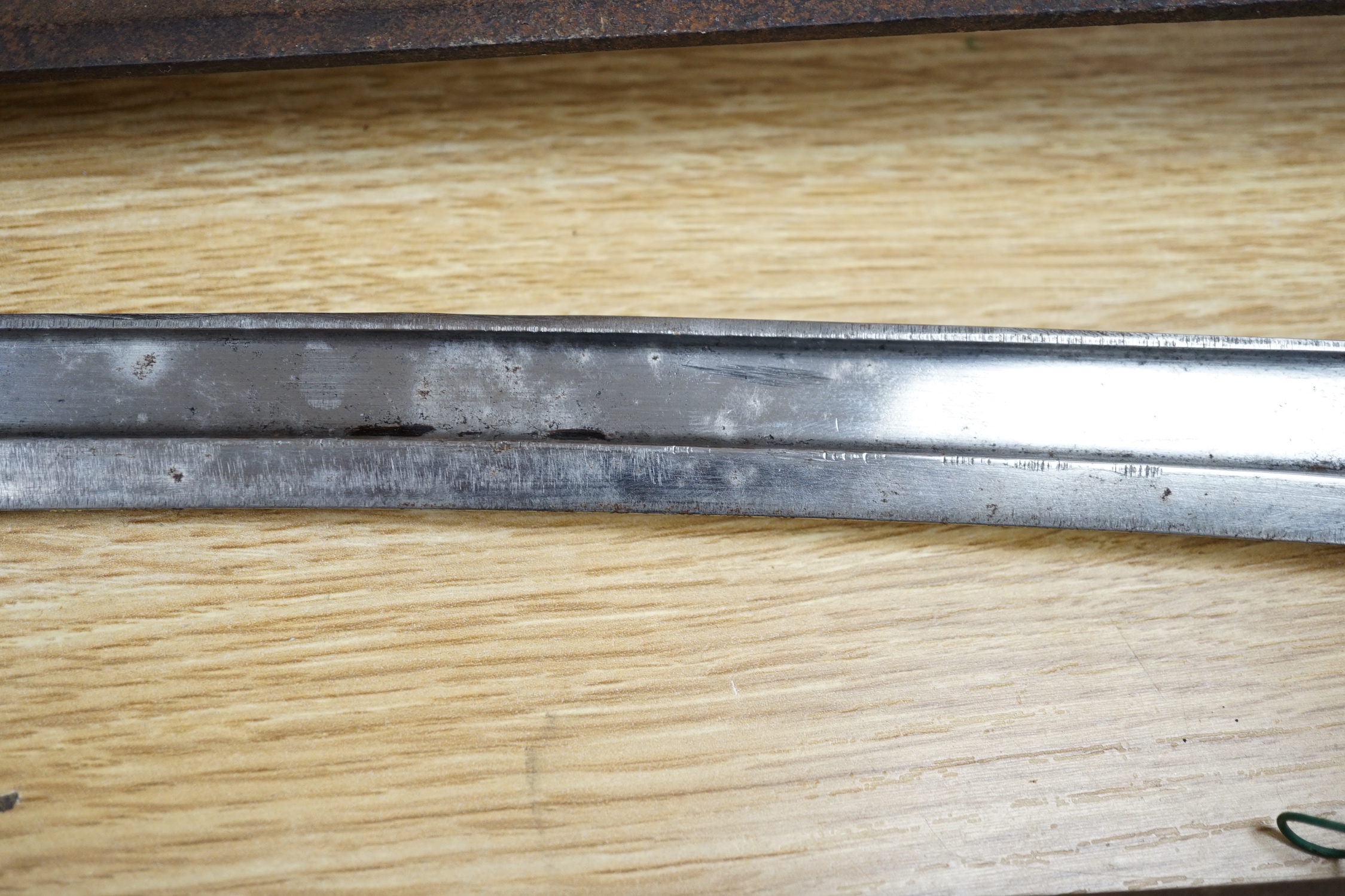 An early pike, a basket hilt sword and a French bayonet. longest 193cm